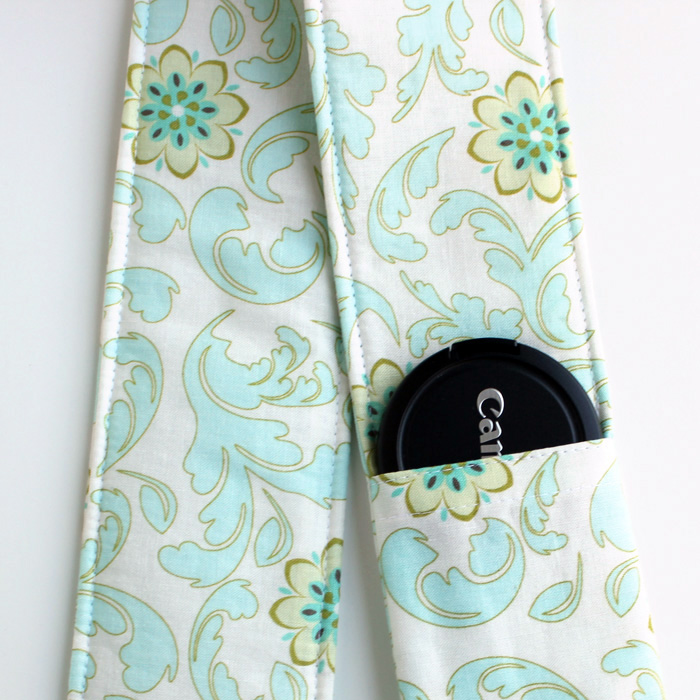 Dslr Camera Strap Cover - Padding And Lens Cap Pocket - Blue Cream Floral Damask