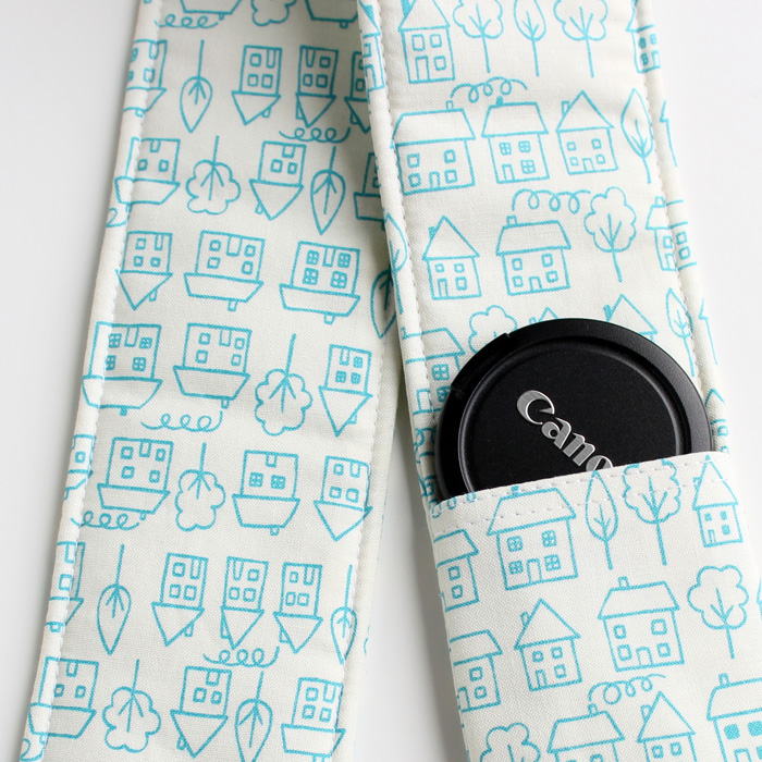 Dslr Camera Strap Cover - Padding And Lens Cap Pocket - Houses Blue ...